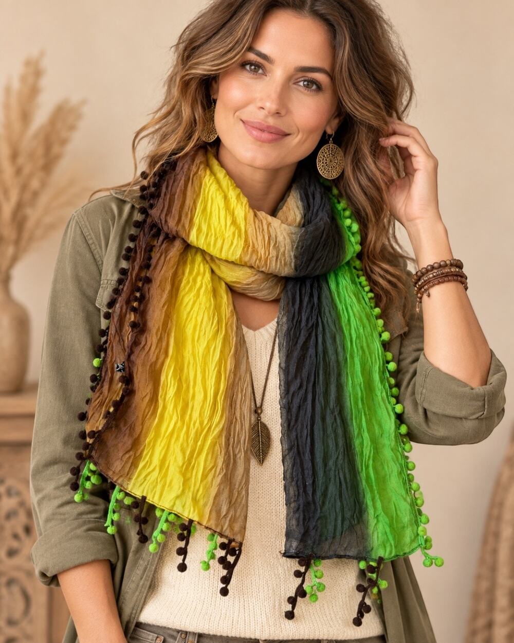 Boho Multicolor Crinkle Scarf Pom Pom Trim Green Yellow Brown 70” x 22”